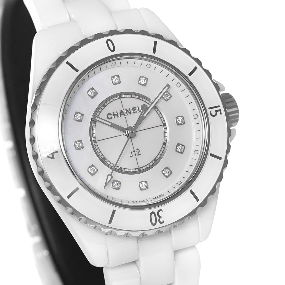 Shop Authentic Chanel J12 Diamonds Mother of Pearl White Dial White Steel Strap Watch for Women - J12 H5704 - Luxxuri