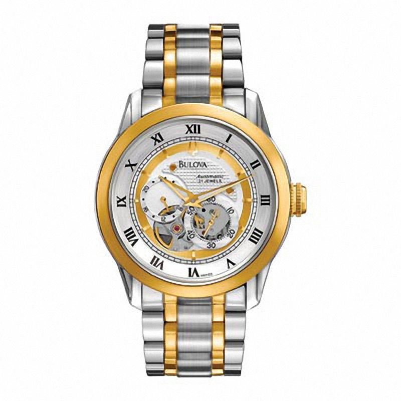 Shop Authentic Bulova BVA Skeleton Silver Dial Two Tone Steel Strap Watch for Men - 98A123 - Luxxuri