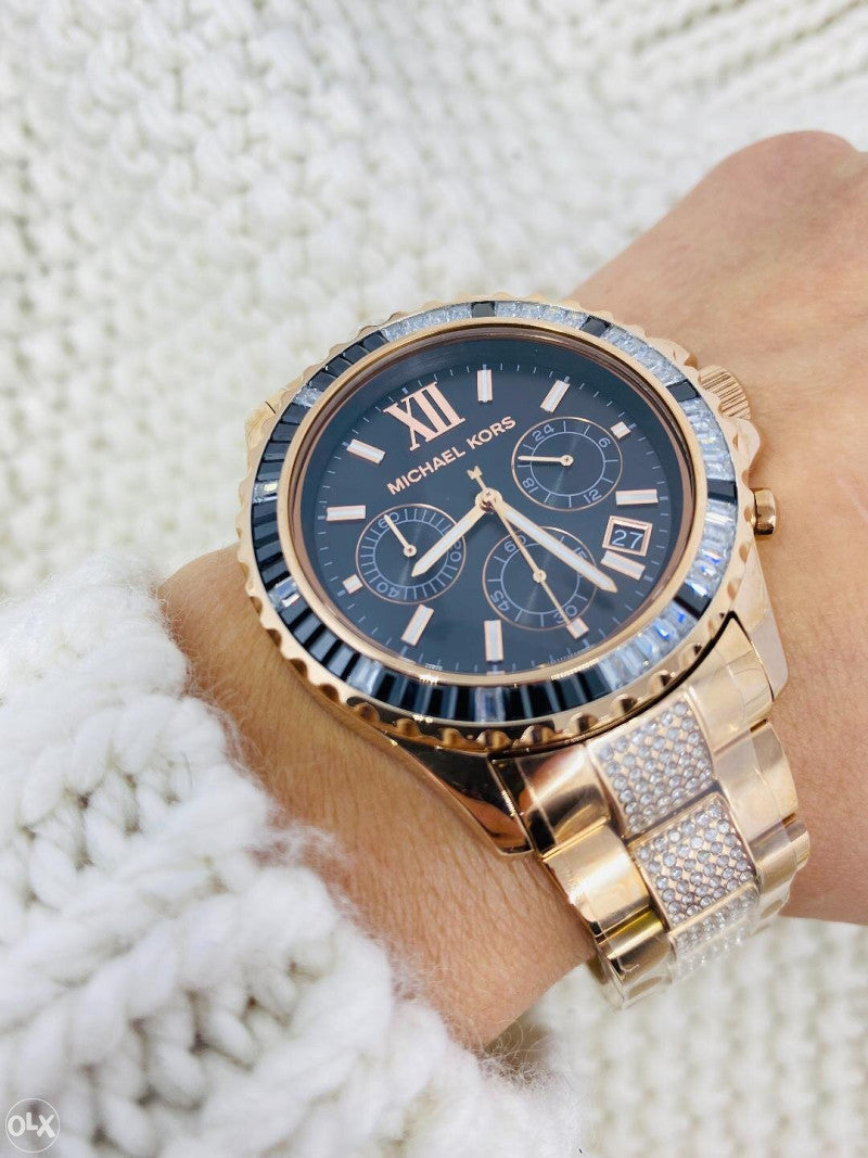 Michael Kors Everest Chronograph Black Dial Rose Gold Steel Strap Watch For Women - MK5875