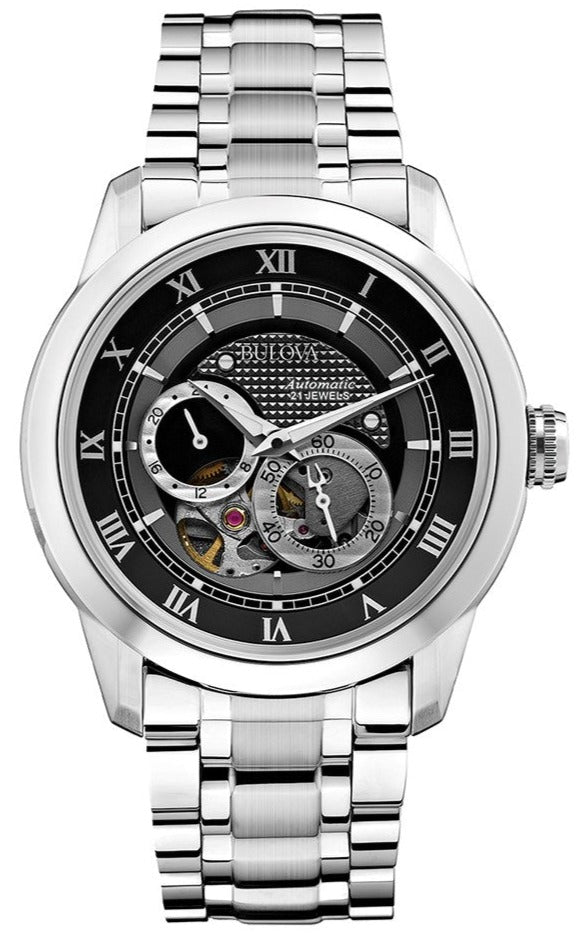 Shop Authentic Bulova BVA Dual Aperture Black Dial Silver Steel Strap Watch for Men - 96A119 - Luxxuri