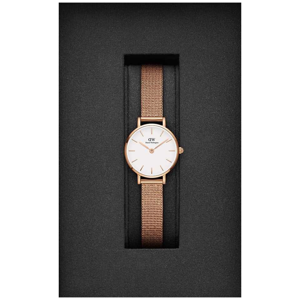 Shop Authentic Daniel Wellington Petite Pressed Melrose White Dial Gold Mesh Bracelet Watch For Women - DW00100447 - Luxxuri