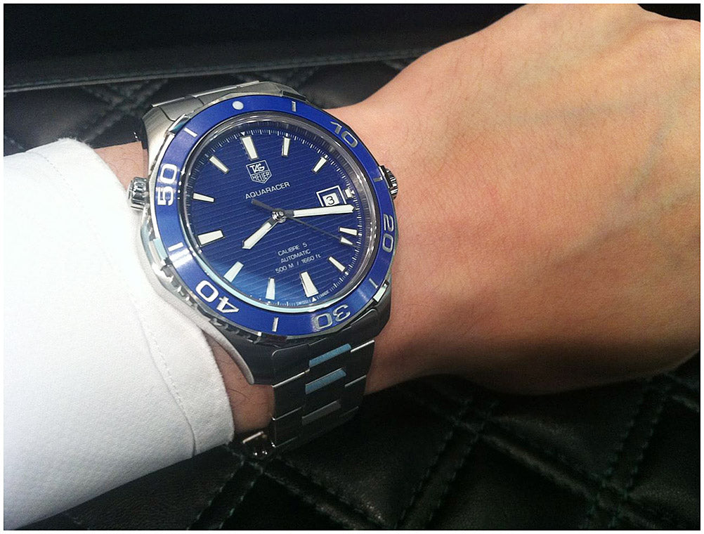 Shop Authentic Tag Heuer Aquaracer Calibre 5 Automatic Blue Dial Silver Steel Strap Watch for Men - WAK2111.BA0830 - Luxxuri