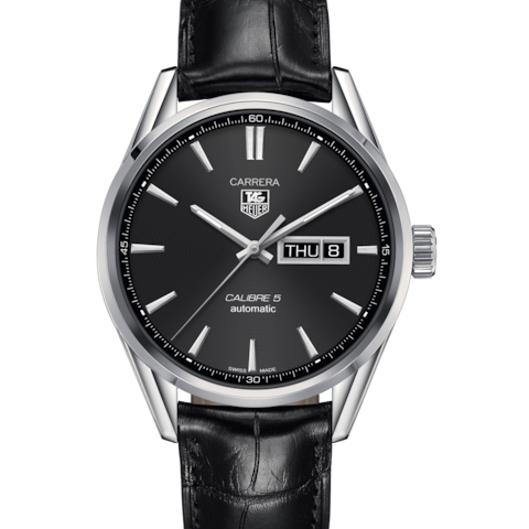 Tag Heuer Carrera Automatic Black Dial Black Leather Strap Watch for Men - WAR201A.FC6266