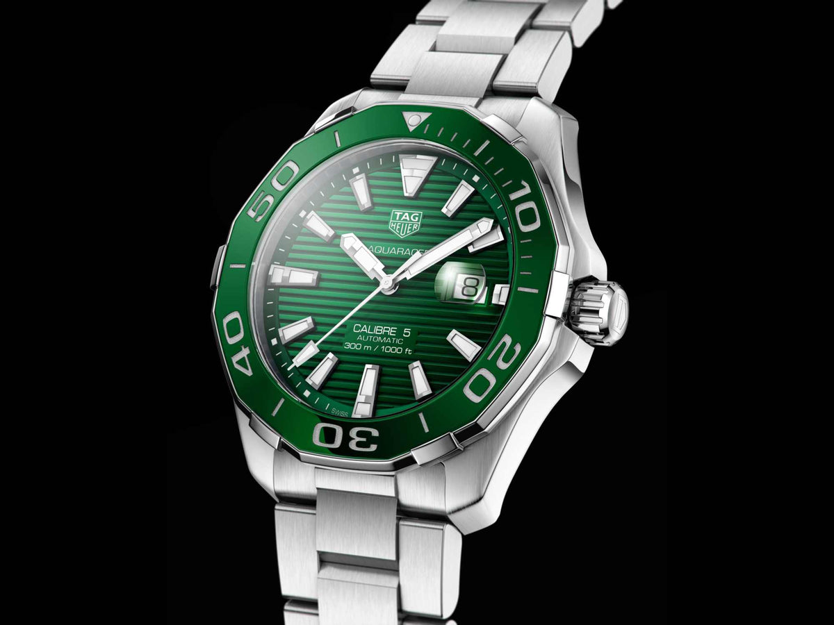 Shop Authentic Tag Heuer Aquaracer Calibre 5 Green Dial Silver Steel Strap Watch for Men - WAY201S.BA0927 - Luxxuri