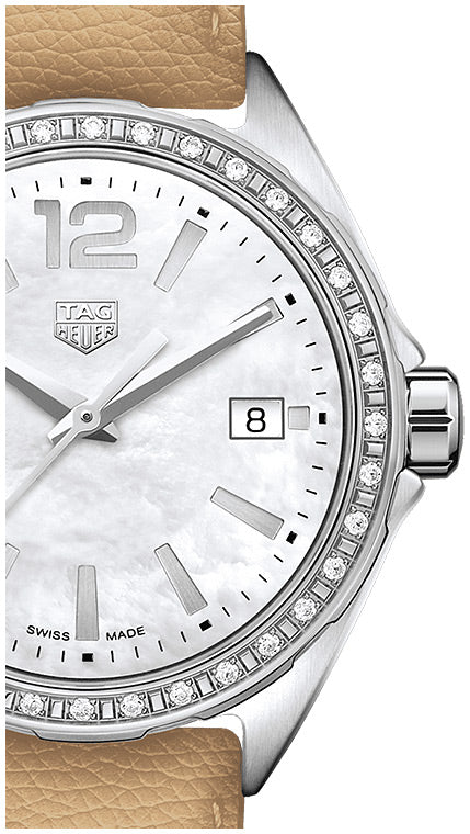 Shop Authentic Tag Heuer Formula 1 Quartz Diamonds Mother of Pearl Dial Beige Leather Strap Watch for Women - WBJ131A.FC8254 - Luxxuri