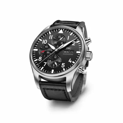 Shop Authentic IWC Pilot's Watch Chronograph Black Dial Black Leather Strap Watch for Men - IW377709 - Luxxuri