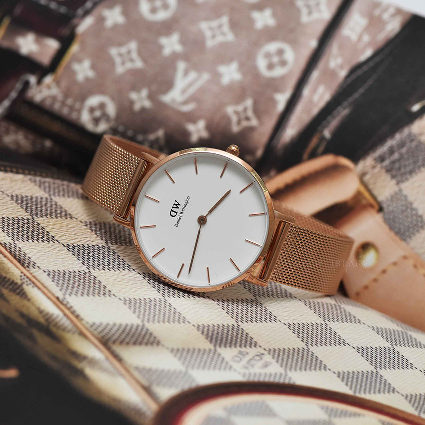 Shop Authentic Daniel Wellington Classic Petite Melrose White Dial Rose Gold Mesh Bracelet Watch For Women - DW00100163 - Luxxuri