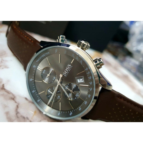 Shop Authentic Hugo Boss Grand Prix Grey Dial Brown Leather Strap Watch for Men - 1513476 - Luxxuri