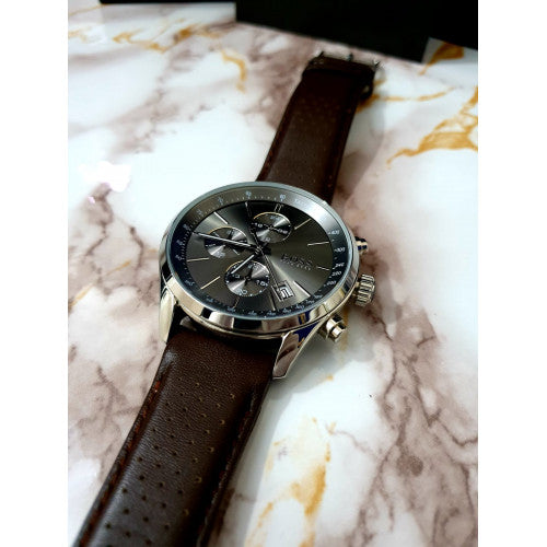 Shop Authentic Hugo Boss Grand Prix Grey Dial Brown Leather Strap Watch for Men - 1513476 - Luxxuri