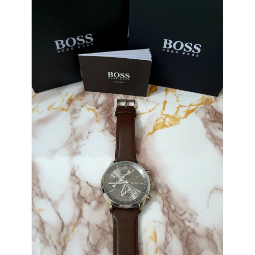 Shop Authentic Hugo Boss Grand Prix Grey Dial Brown Leather Strap Watch for Men - 1513476 - Luxxuri