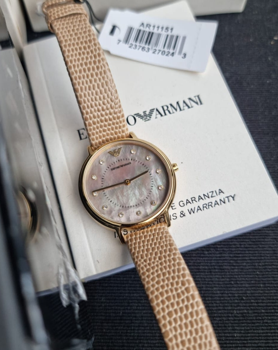 Shop Authentic Emporio Armani Kappa Quartz Silver Dial Beige Leather Strap Watch For Women - AR11042 - Luxxuri