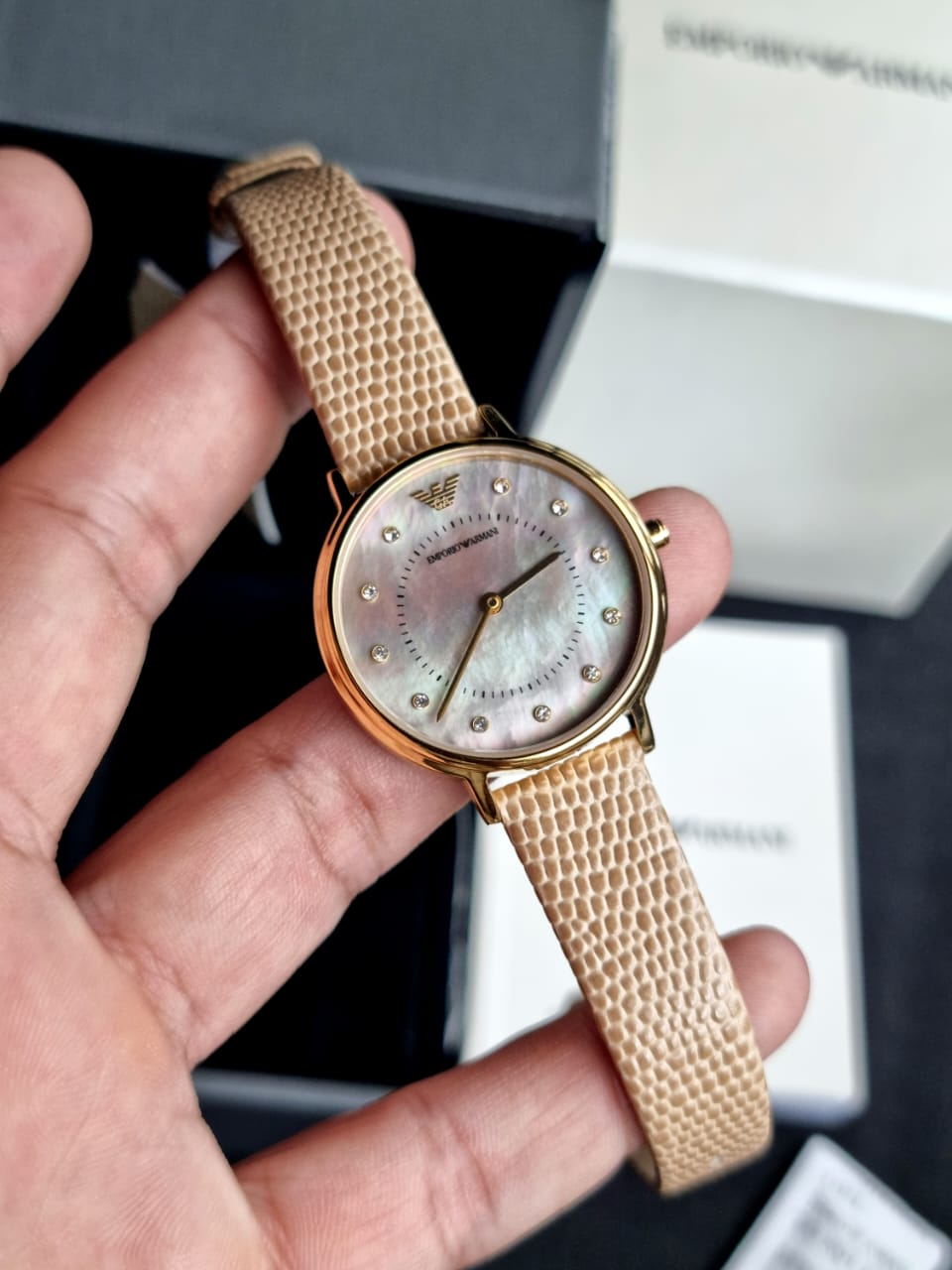 Shop Authentic Emporio Armani Kappa Quartz Silver Dial Beige Leather Strap Watch For Women - AR11042 - Luxxuri