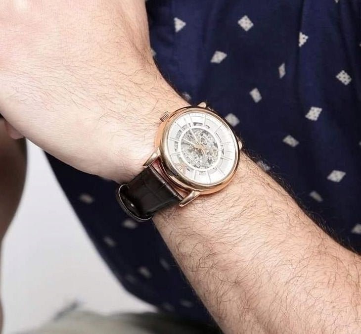 Shop Authentic Emporio Armani Meccanico Silver Skeleton Dial Brown Leather Strap Watch For Men - AR1983 - Luxxuri