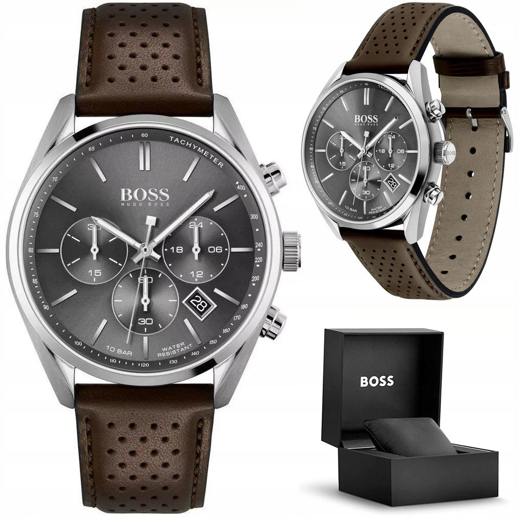 Shop Authentic Hugo Boss Champion Grey Dial Brown Leather Strap Watch for Men - 1513815 - Luxxuri