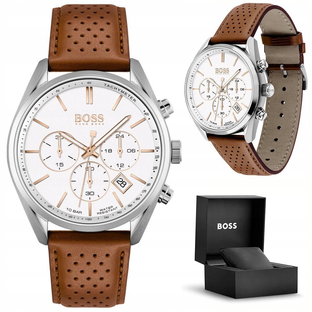 Shop Authentic Hugo Boss Champion White Dial Brown Leather Strap Watch for Men - 1513879 - Luxxuri