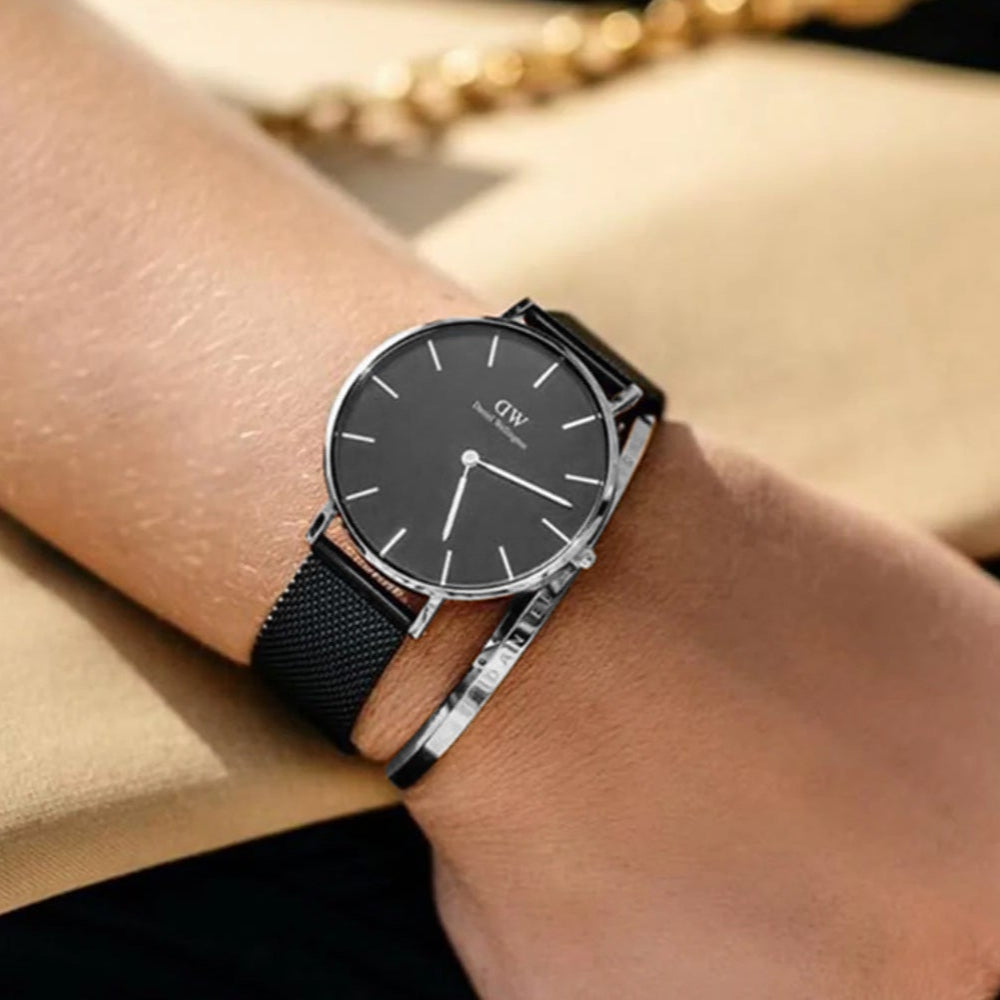 Shop Authentic Daniel Wellington Petite Ashfield Black Dial Black Mesh Strap Watch For Women - DW00100202 - Luxxuri