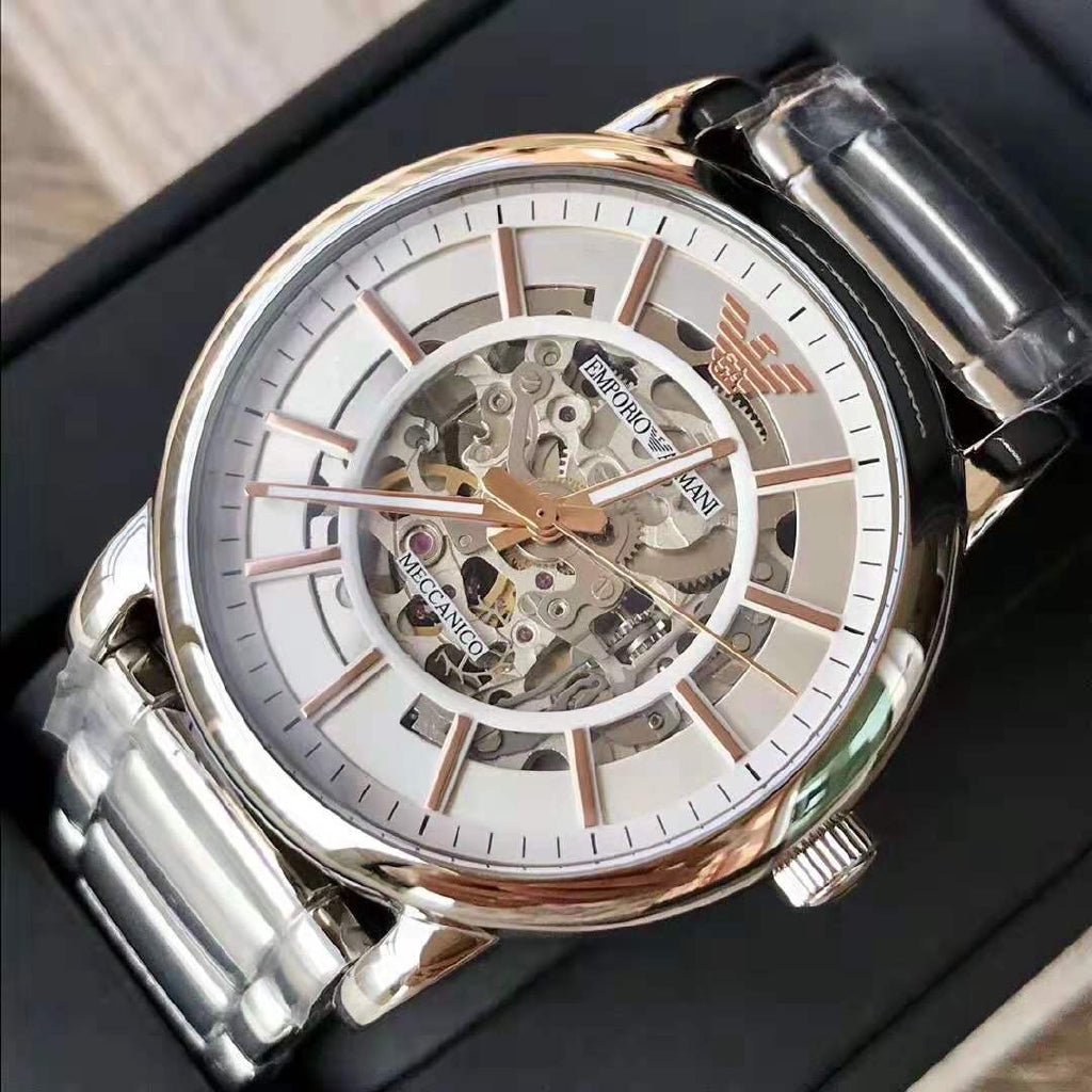 Shop Authentic Emporio Armani Meccanico Skeleton Silver Dial Silver Steel Strap Watch For Men - AR1980 - Luxxuri