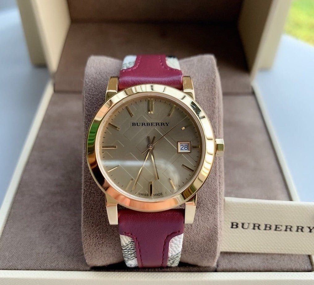 Burberry The City Gold Dial Orange Leather Strap Watch for Women - BU9017
