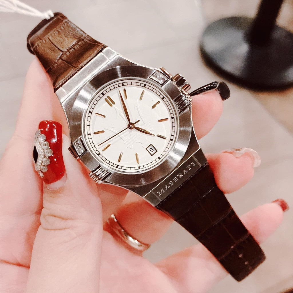 Shop Authentic Maserati Potenza Silver Dial Brown Leather Strap Watch For Women - R8851108506 - Luxxuri