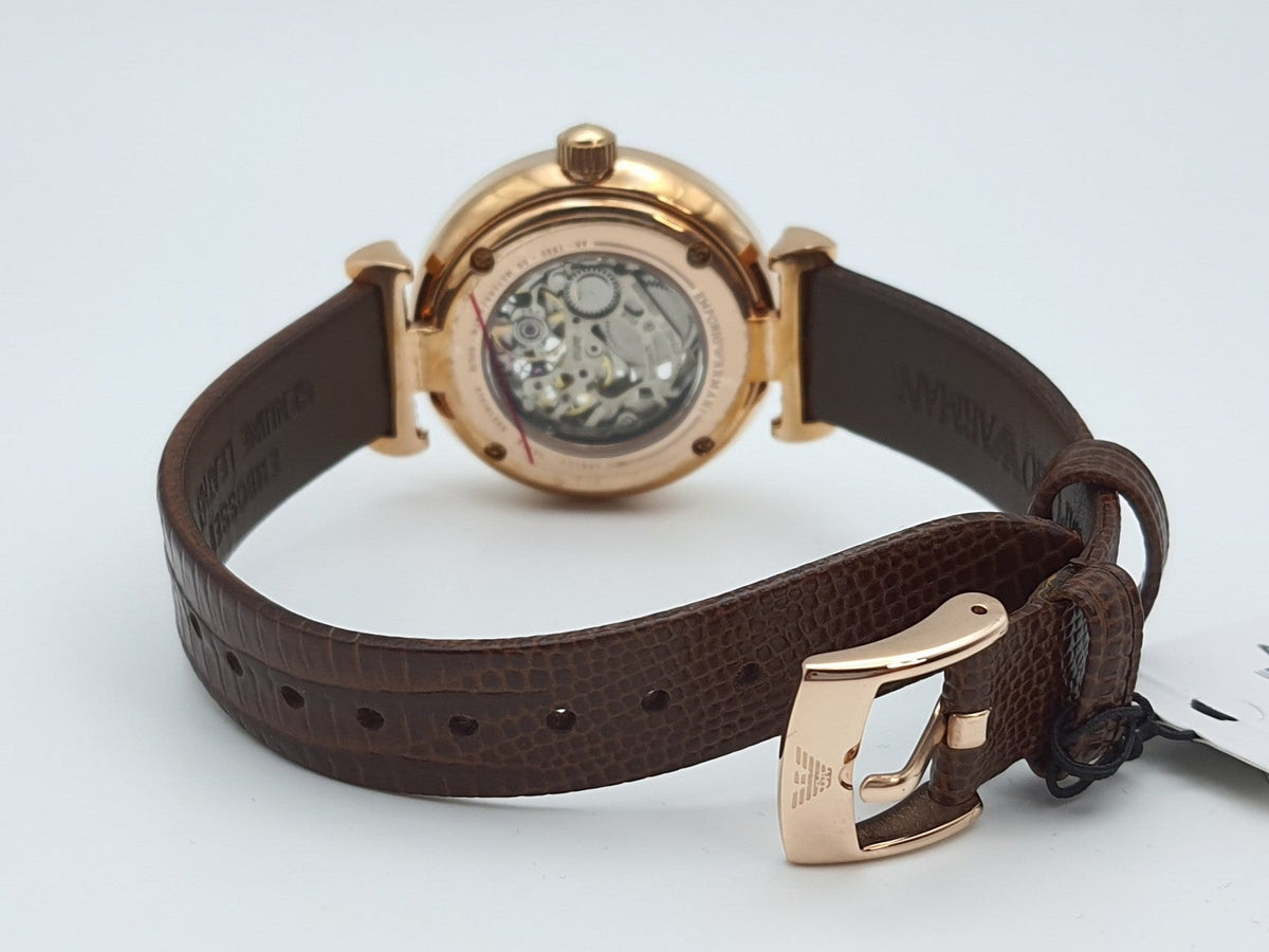 Shop Authentic Emporio Armani Meccanico Skeleton Mother of Pearl Dial Brown Leather Strap Watch For Women - AR1993 - Luxxuri