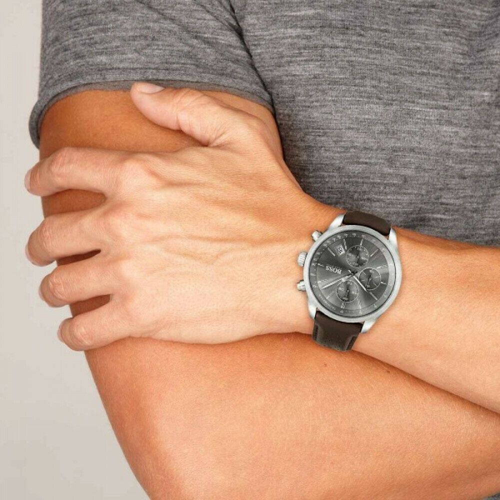 Shop Authentic Hugo Boss Grand Prix Grey Dial Brown Leather Strap Watch for Men - 1513476 - Luxxuri