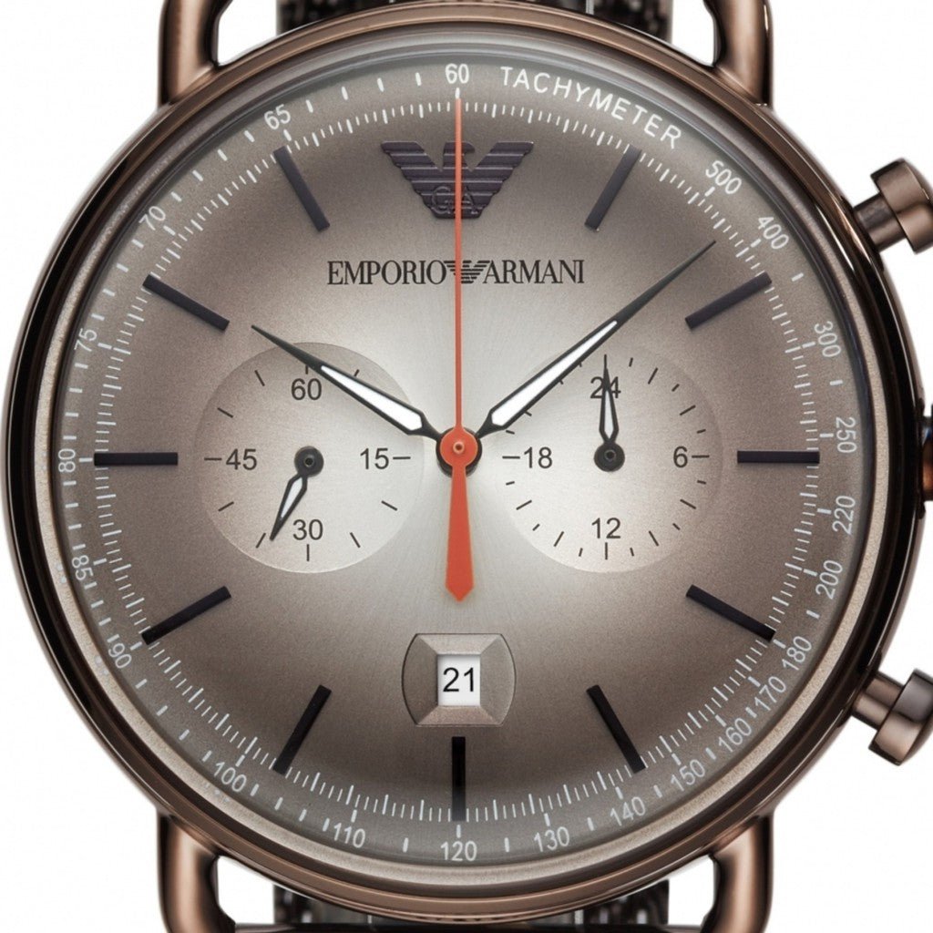 Shop Authentic Emporio Armani Aviator Chronograph Grey Dial Brown Mesh Bracelet Watch For Men - AR11169 - Luxxuri