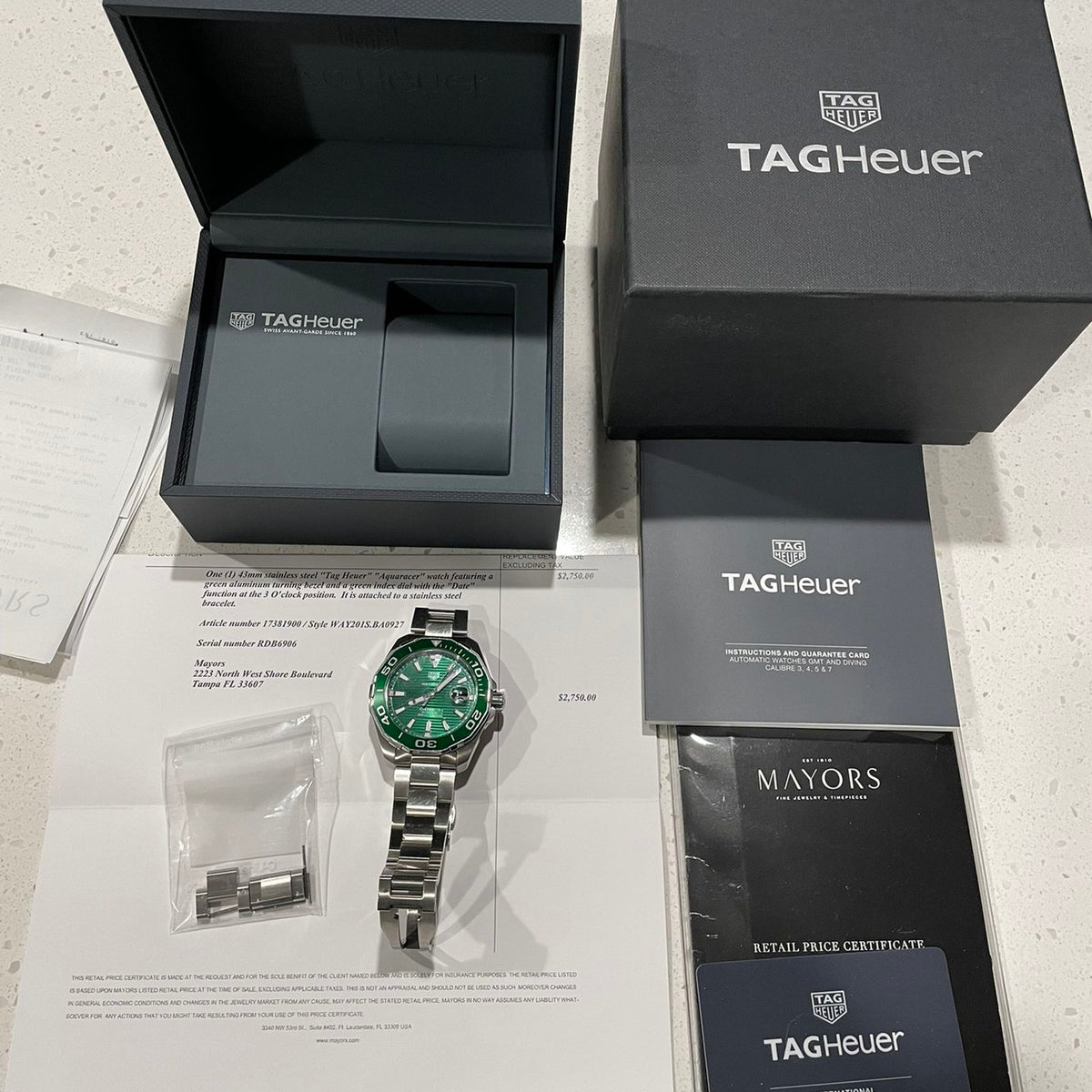 Shop Authentic Tag Heuer Aquaracer Green Dial Watch for Men - WAY201S.BA0927 - Luxxuri