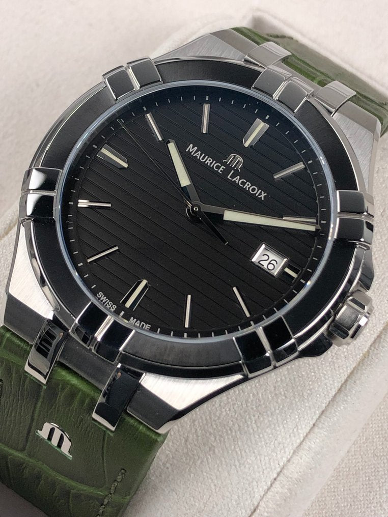 Shop Authentic Maurice Lacroix Aikon Quartz Black Dial Green Crocodile Leather Strap Watch for Men - AI1008-PVB21-330-1 - Luxxuri