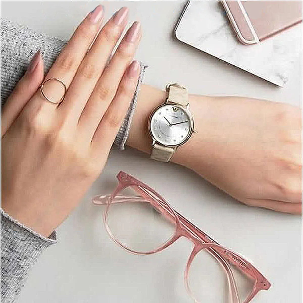 Shop Authentic Emporio Armani Kappa Quartz Silver Dial Beige Leather Strap Watch For Women - AR11042 - Luxxuri