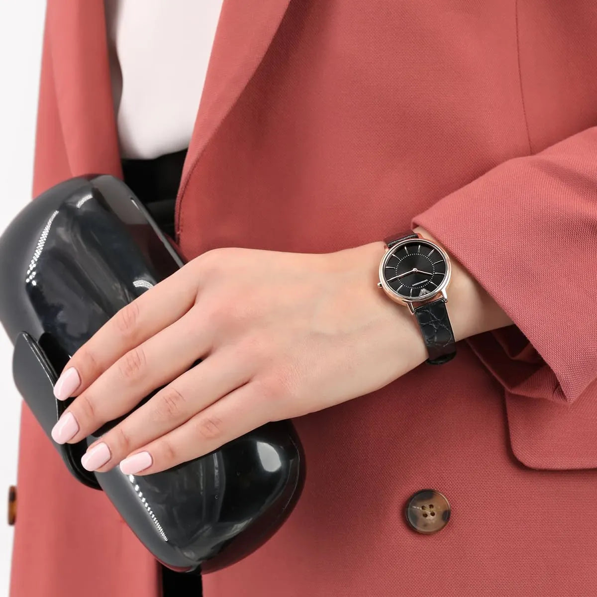 Shop Authentic Emporio Armani Kappa Quartz Black Dial Black Leather Strap Watch For Women - AR11064 - Luxxuri