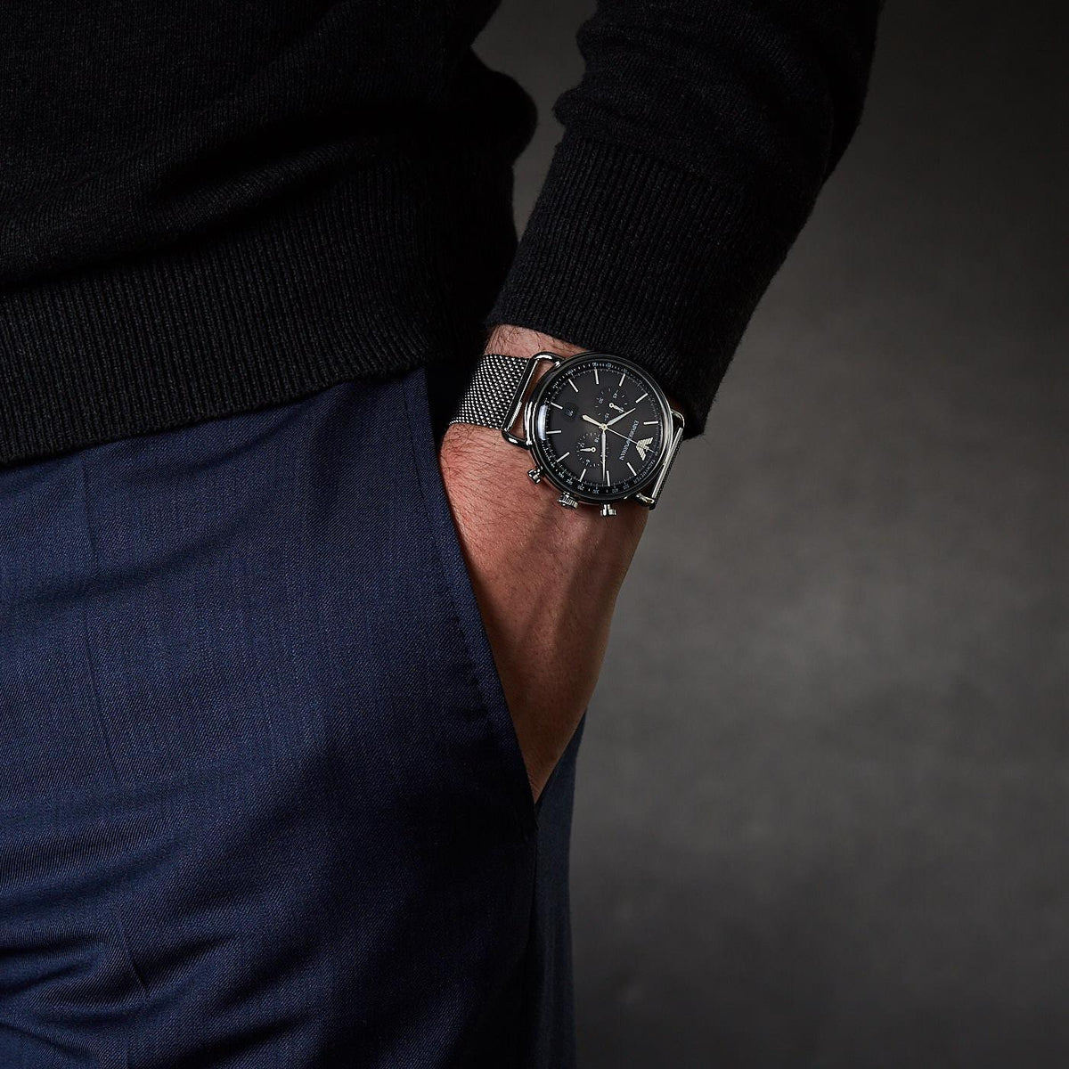 Shop Authentic Emporio Armani Chronograph Black Dial Silver Mesh Bracelet Watch For Men - AR11104 - Luxxuri