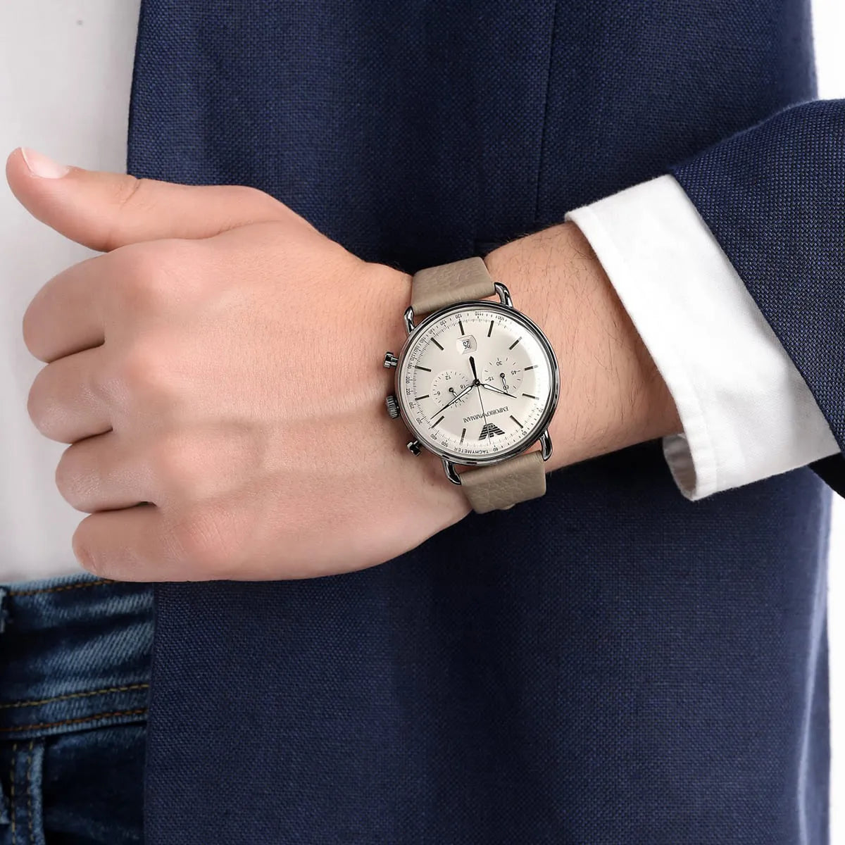 Shop Authentic Emporio Armani Aviator Chronograph Quartz Grey Dial Beige Leather Strap Watch For Men - AR11107 - Luxxuri