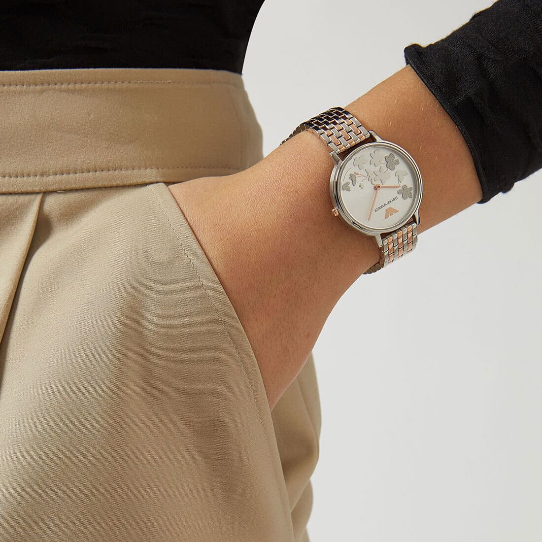 Shop Authentic Emporio Armani Silver Sunray Dial Two Tone Steel Strap Watch For Women - AR11113 - Luxxuri