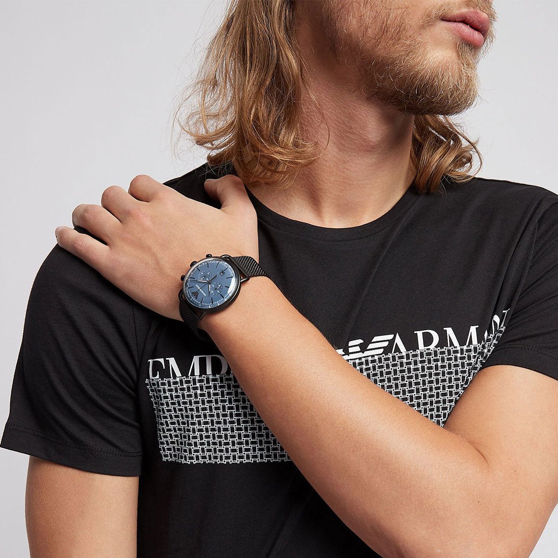 Shop Authentic Emporio Armani Aviator Chronograph Blue Dial Black Mesh Bracelet Watch For Men - AR11201 - Luxxuri