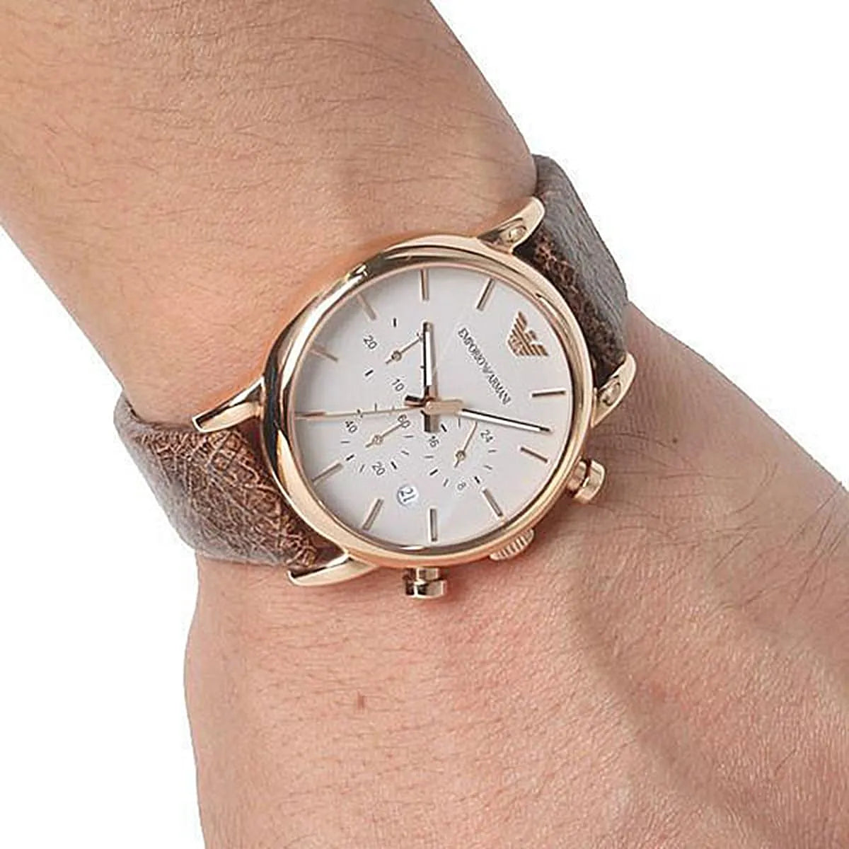 Shop Authentic Emporio Armani Classic Chronograph White Dial Brown Leather Strap Watch For Men - AR1809 - Luxxuri