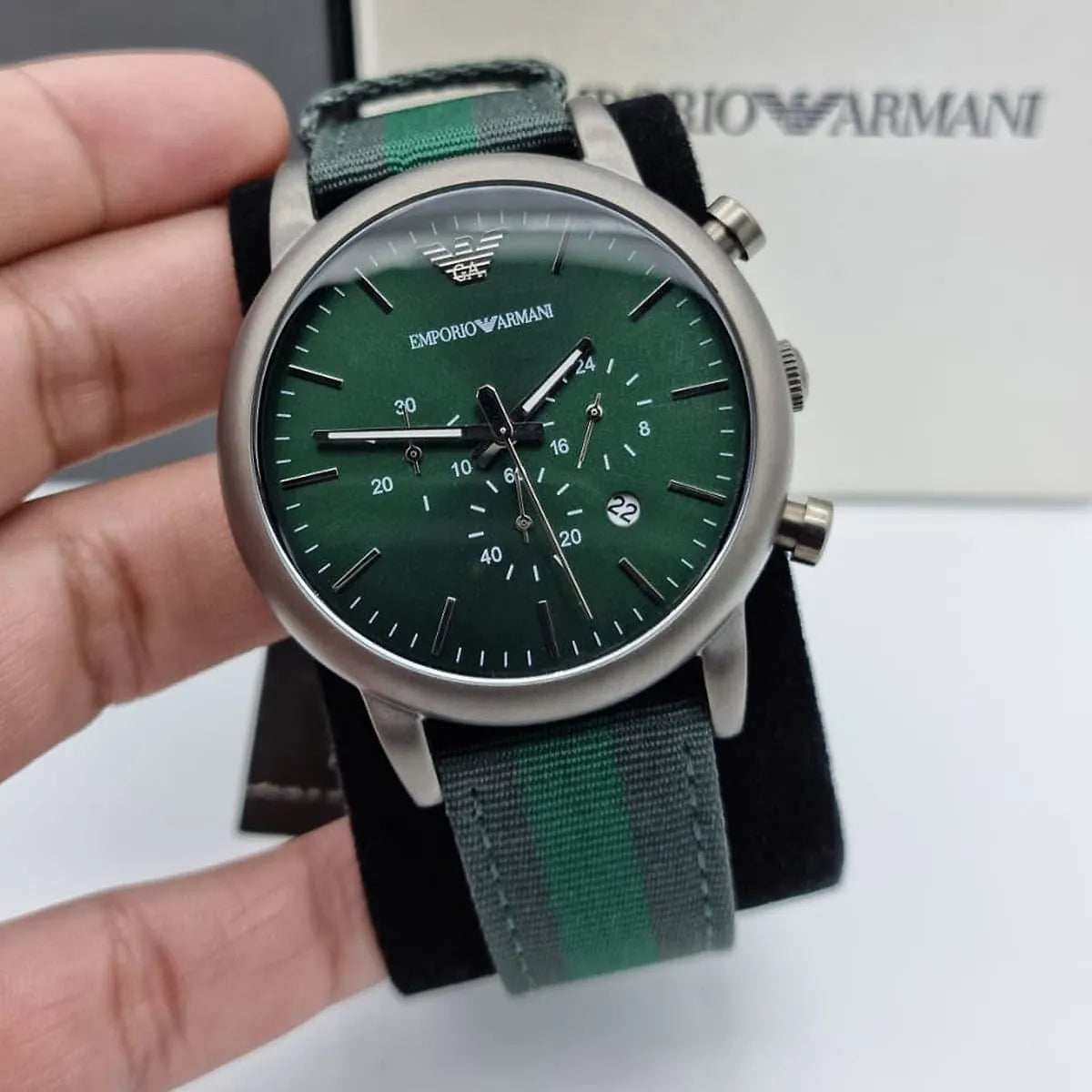 Emporio Armani Luigi XLarge Chronograph Green Dial Green Fabric Strap Watch for Men - AR1950