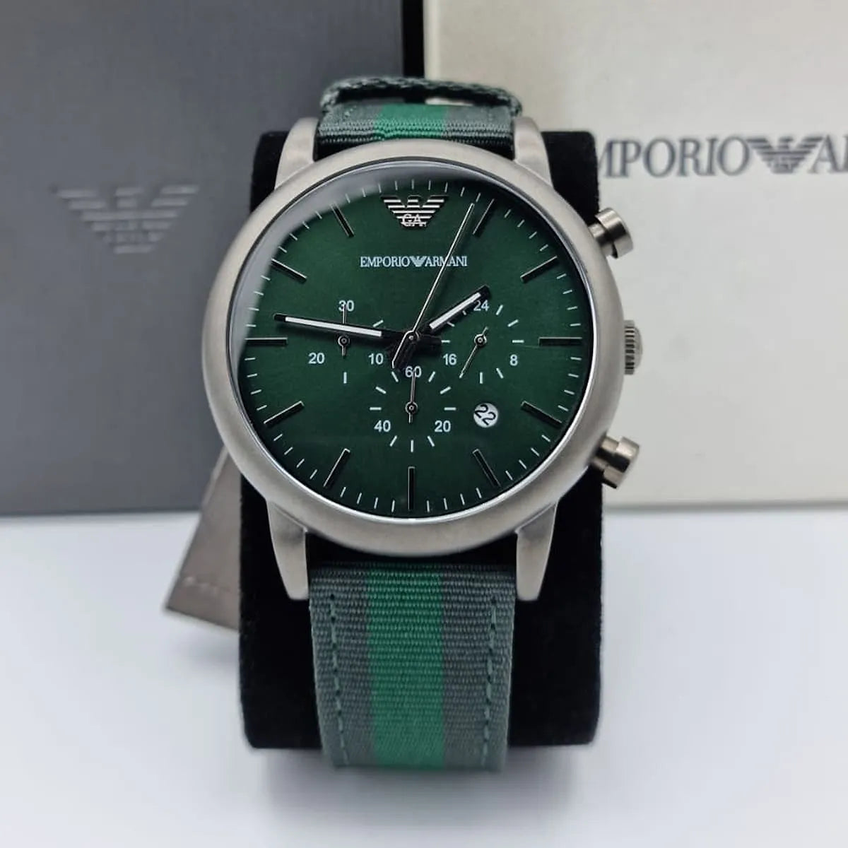Emporio Armani Luigi XLarge Chronograph Green Dial Green Fabric Strap Watch for Men - AR1950