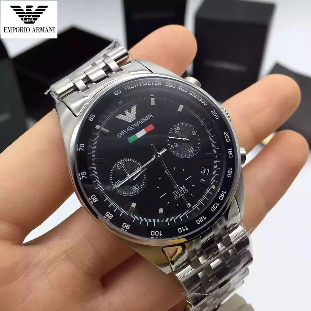Shop Authentic Emporio Armani Sportivo Chronograph Black Dial Silver Steel Strap Watch For Men - AR5984 - Luxxuri