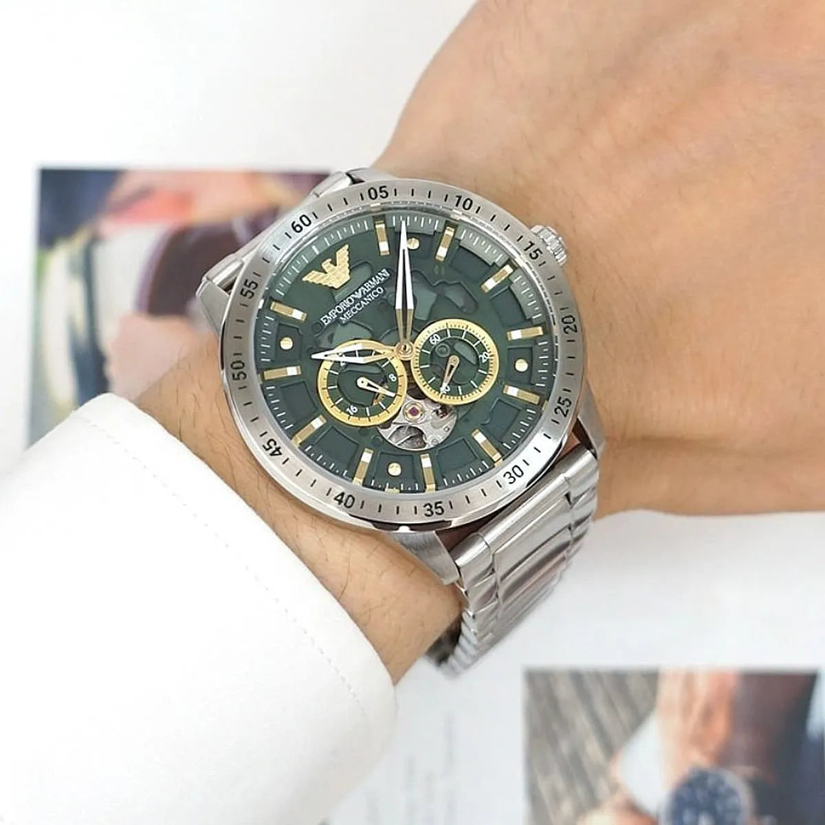 Emporio Armani Meccanico Automatic Green Dial Silver Steel Strap Watch For Men - AR60053