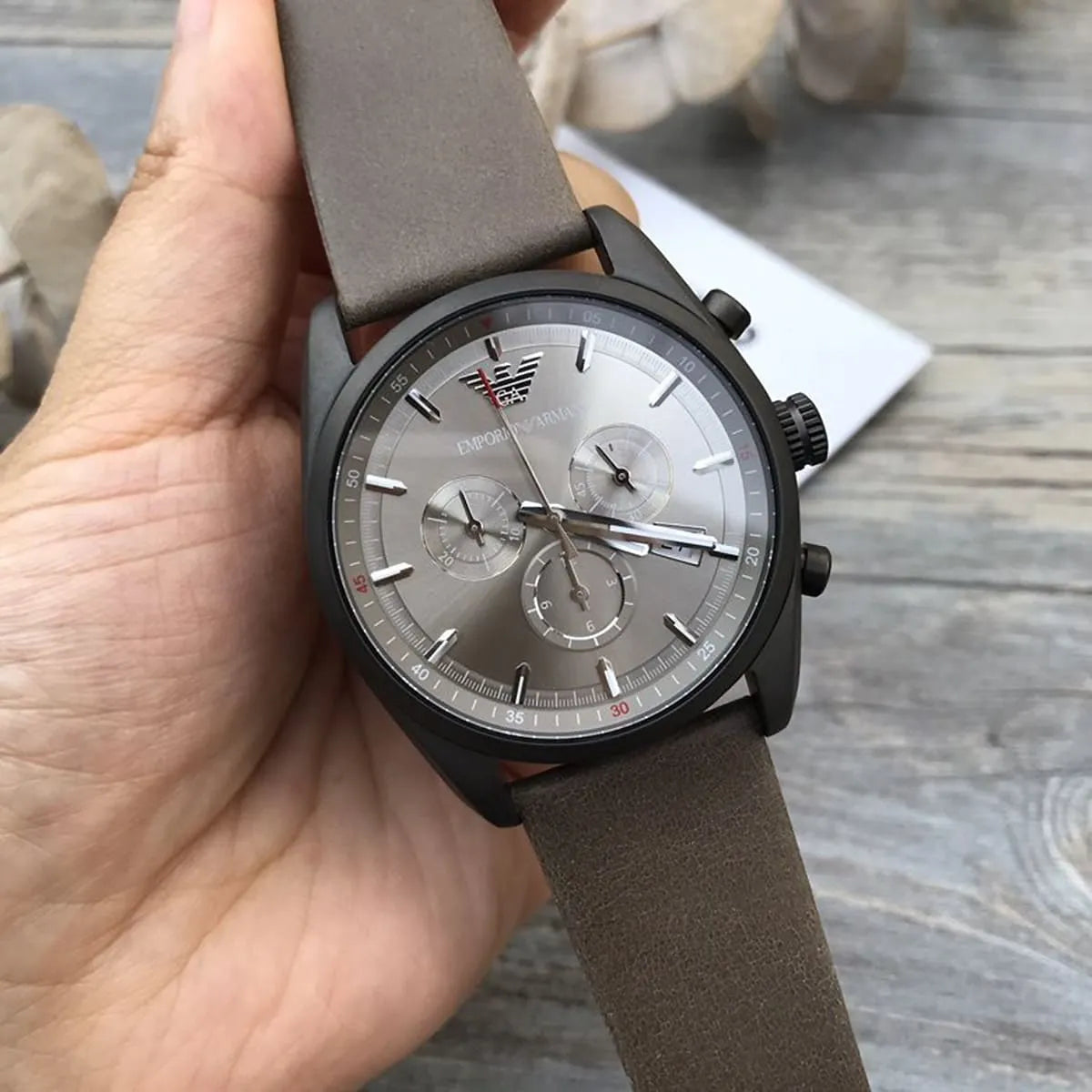 Shop Authentic Emporio Armani Sportivo Chronograph Silver Dial Brown Leather Strap Watch For Men - AR6076 - Luxxuri