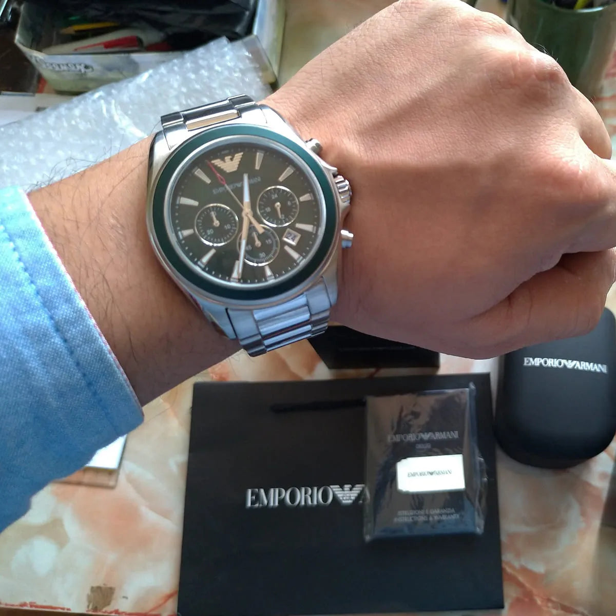 Shop Authentic Emporio Armani Sportivo Chronograph Blue Dial Silver Steel Strap Watch For Men - AR6090 - Luxxuri