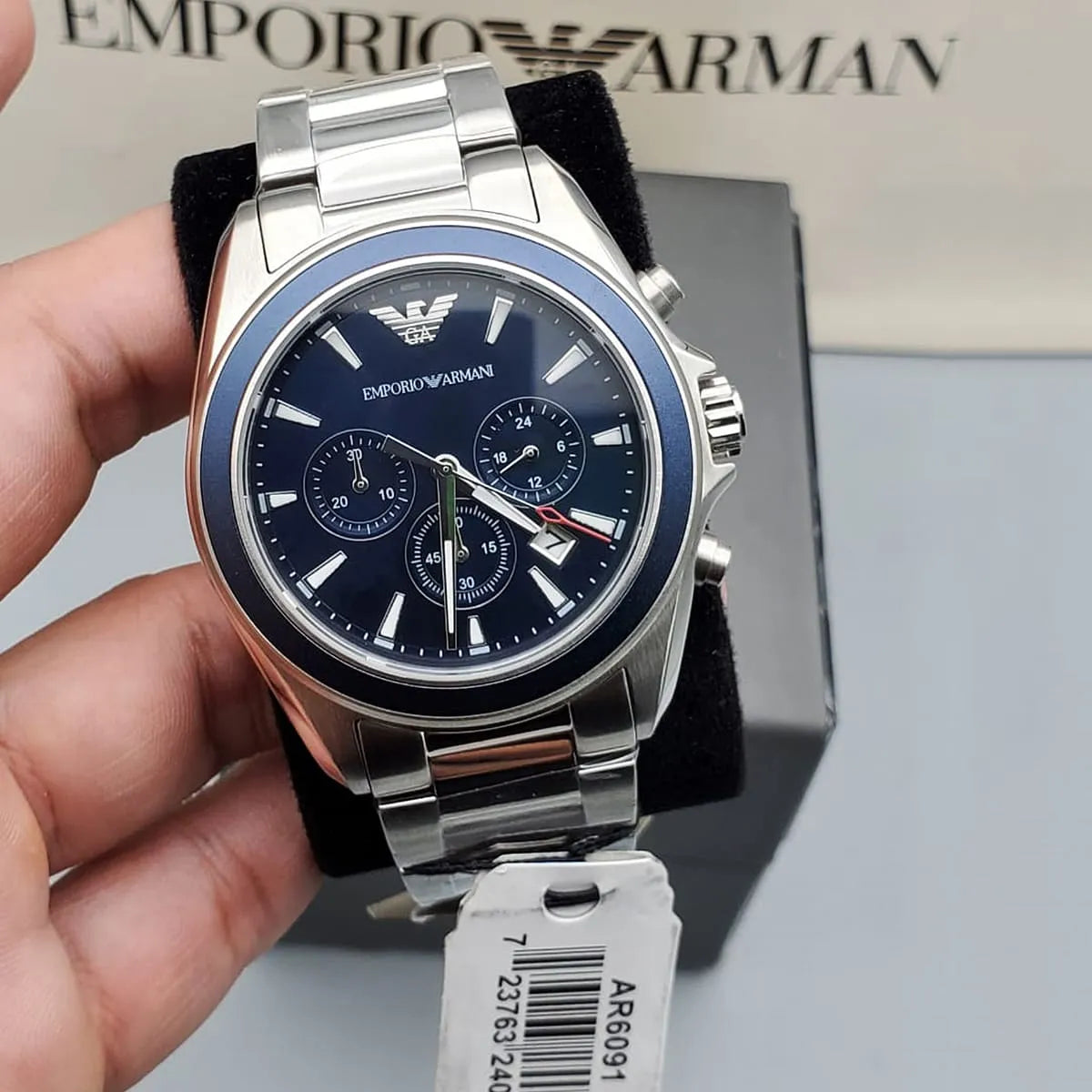 Shop Authentic Emporio Armani Sportivo Chronograph Blue Dial Silver Steel Strap Watch For Men - AR6091 - Luxxuri