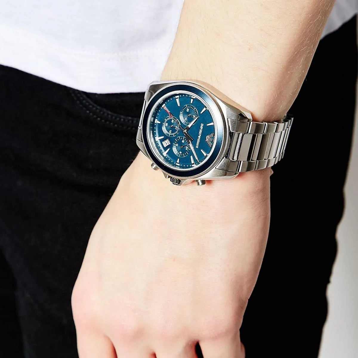 Shop Authentic Emporio Armani Sportivo Chronograph Blue Dial Silver Steel Strap Watch For Men - AR6091 - Luxxuri