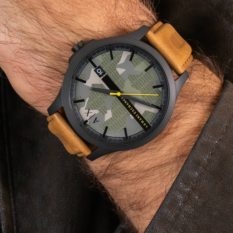 Armani Exchange Hampton Chronograph Green Dial Brown Leather Strap Watch For Men - AX2412