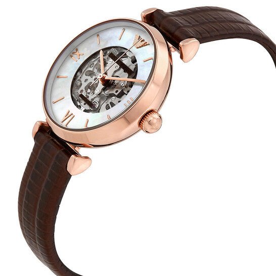 Shop Authentic Emporio Armani Meccanico Skeleton Mother of Pearl Dial Brown Leather Strap Watch For Women - AR1993 - Luxxuri