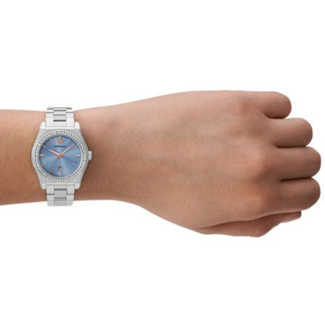Emporio Armani Federica Three-Hand Date Blue Dial Silver Steel Strap Watch For Women - AR11593