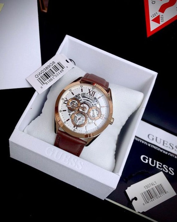 Shop Authentic Guess Multi-Function Chronograph White Dial Brown Leather Strap Watch For Men - GW0389G8 - Luxxuri
