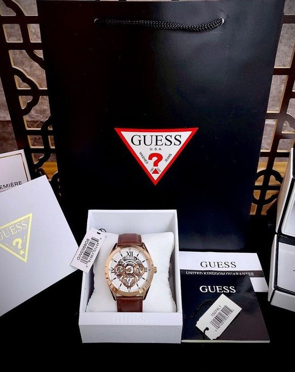 Shop Authentic Guess Multi-Function Chronograph White Dial Brown Leather Strap Watch For Men - GW0389G8 - Luxxuri