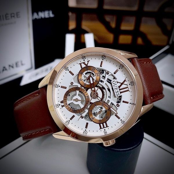 Shop Authentic Guess Multi-Function Chronograph White Dial Brown Leather Strap Watch For Men - GW0389G8 - Luxxuri