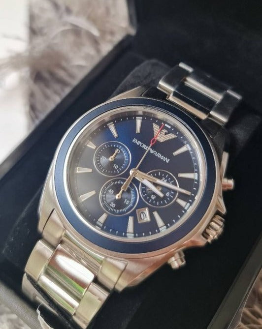 Shop Authentic Emporio Armani Sportivo Chronograph Blue Dial Silver Steel Strap Watch For Men - AR6091 - Luxxuri